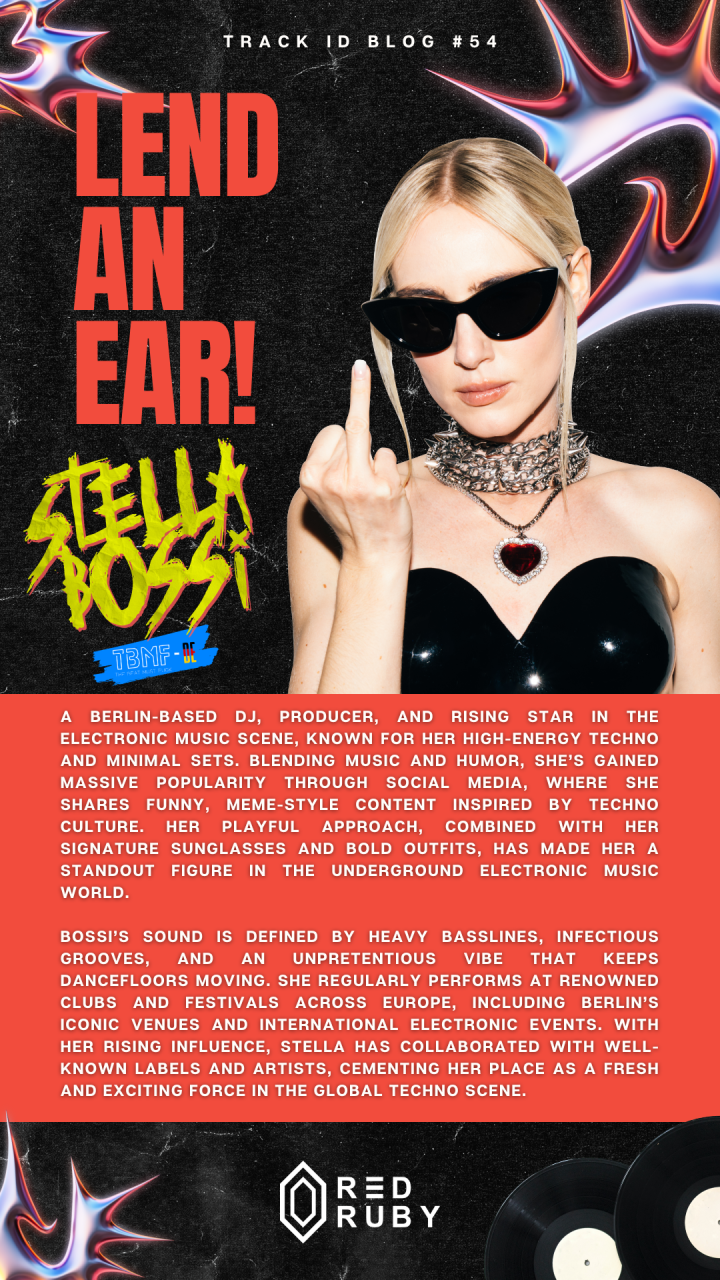 a Berlin-based DJ, producer, and rising star in the electronic music scene, known for her high-energy techno and minimal sets. Blending music and humor, she’s gained massive popularity through social media, where she shares funny, meme-style content inspired by techno culture. Her playful approach, combined with her signature sunglasses and bold outfits, has made her a standout figure in the underground electronic music world.
Bossi’s sound is defined by heavy basslines, infectious grooves, and an unpretentious vibe that keeps dancefloors moving. She regularly performs at renowned clubs and festivals across Europe, including Berlin’s iconic venues and international electronic events. With her rising influence, Stella has collaborated with well-known labels and artists, cementing her place as a fresh and exciting force in the global techno scene.